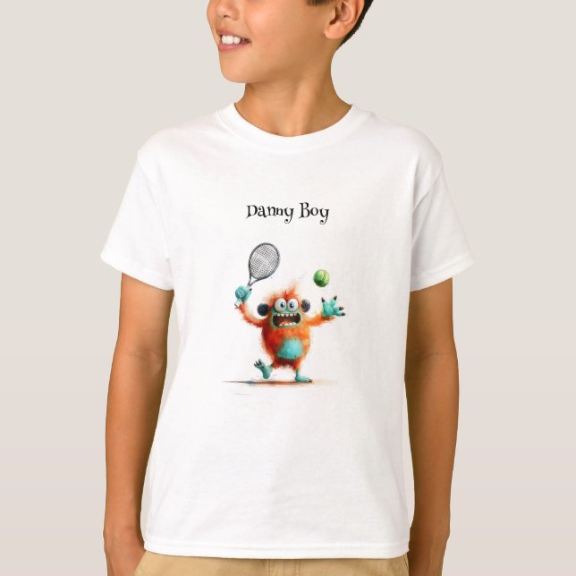 Camiseta Um monstro fofo jogando tênis (Frente)