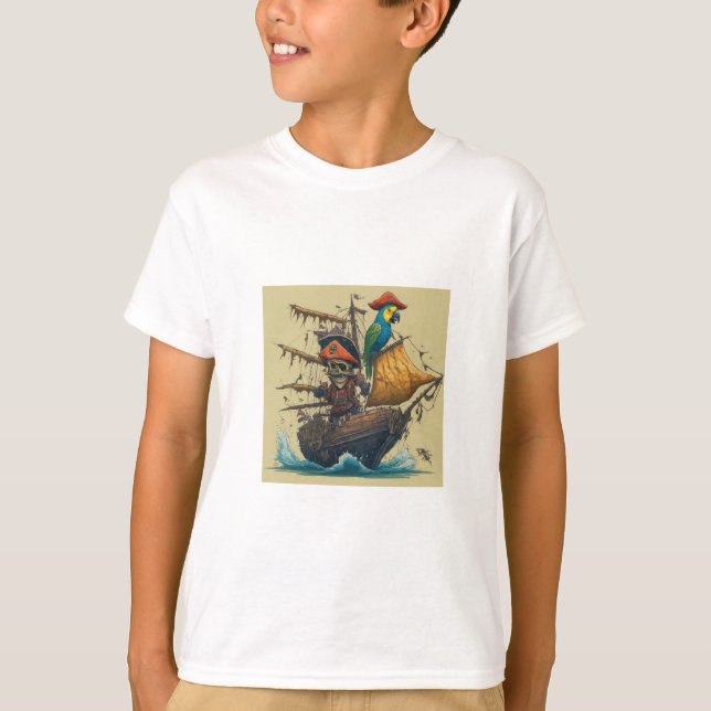 Camiseta um navio pirata com um papagaio (Frente)