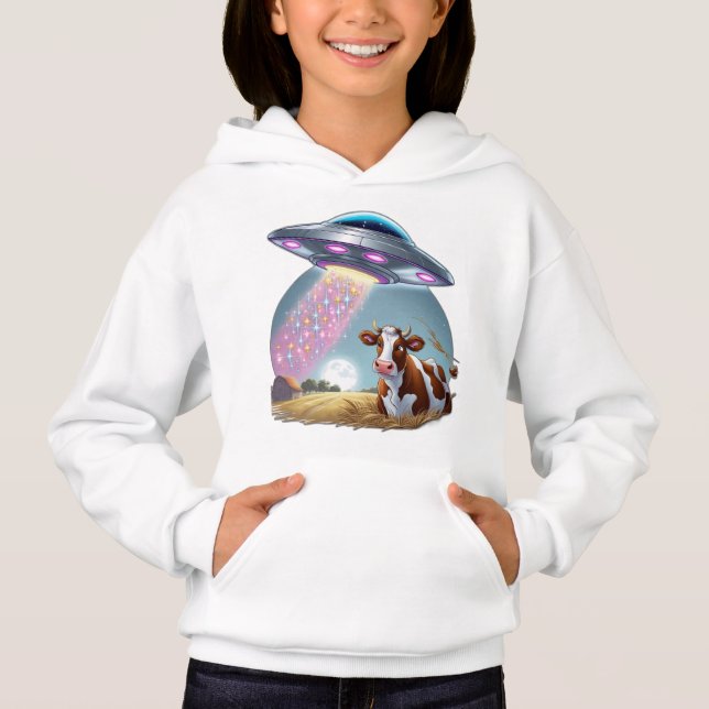 Camiseta Um OVNI raptando uma vaca, com o feixe feito de fa (Frente)