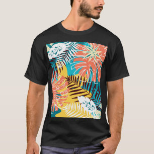Camiseta Um padrão colorido de folhas da selva tropical.