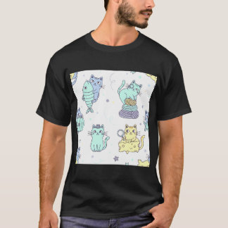Camiseta Um padrão divertido de gatos e peixes de desenho a