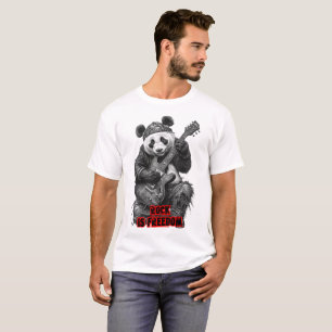 Camiseta Um Panda diz: Rock é Liberdade em um Preto 