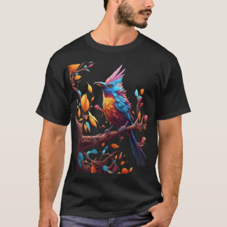 Camiseta Um pássaro colorido, um galho de árvore. Arte veto