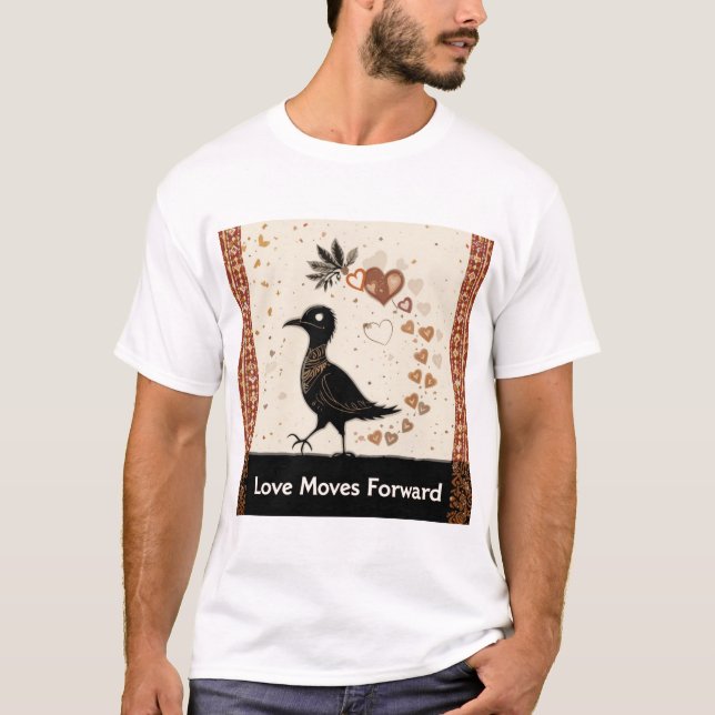 Camiseta Um pássaro Sankofa segurando um coração no bico. (Frente)
