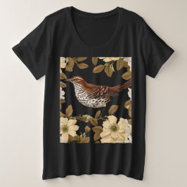 Camiseta Um Pássaro Tordo Marrom Cercado por Flores de Rosa