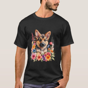 Camiseta Um pastor alemão decorado com lindas flores