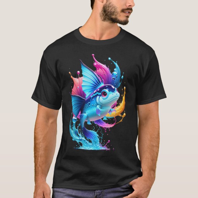 Camiseta Um peixe com muitas cores voando (Frente)