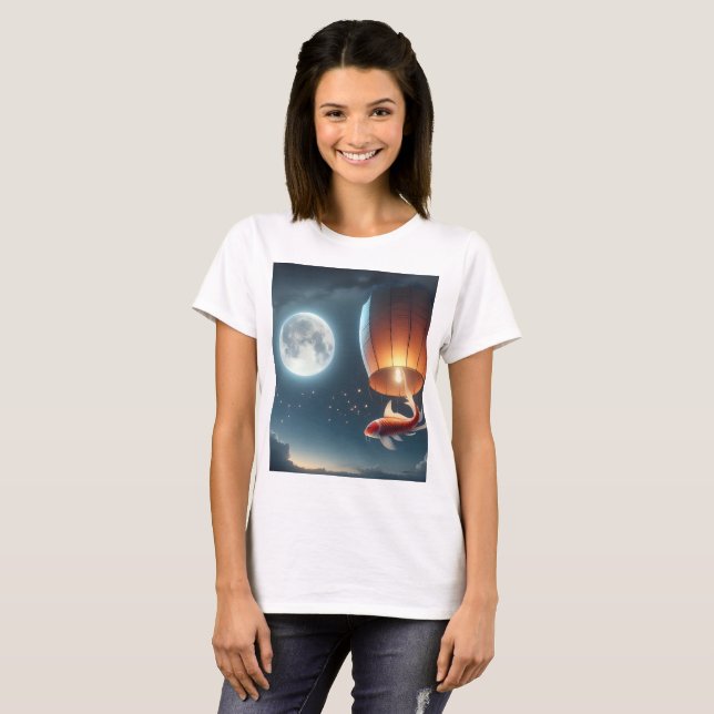Camiseta um peixe saltando sobre um peixe vermelho com uma  (Frente Completa)