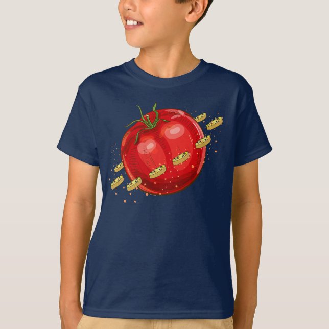 Camiseta Um planeta de tomate com pizzas ao seu redor (Frente)