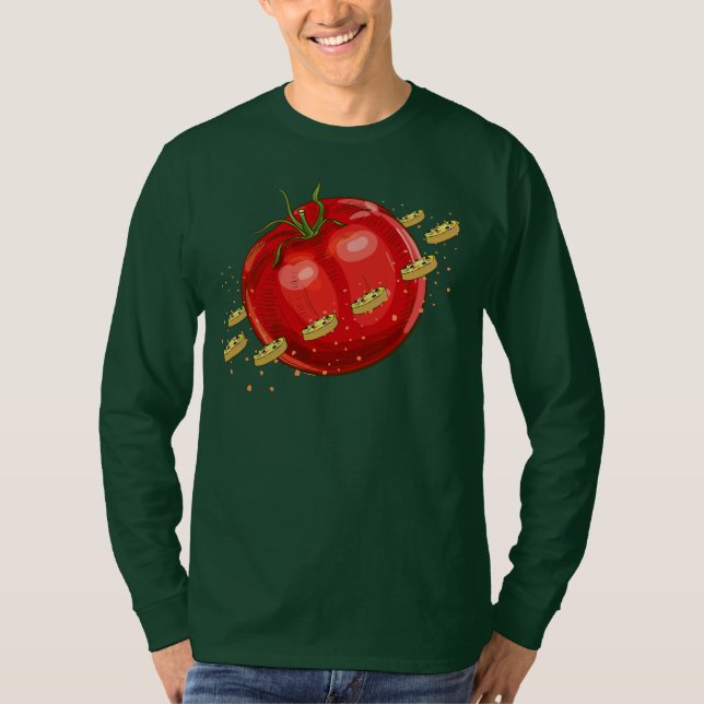 Camiseta Um planeta de tomate com pizzas ao seu redor (Frente)