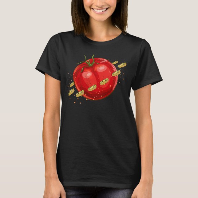 Camiseta Um planeta de tomate com pizzas ao seu redor (Frente)