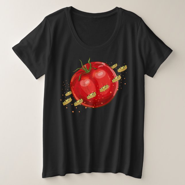 Camiseta Um planeta de tomate com pizzas ao seu redor (Frente do Design)