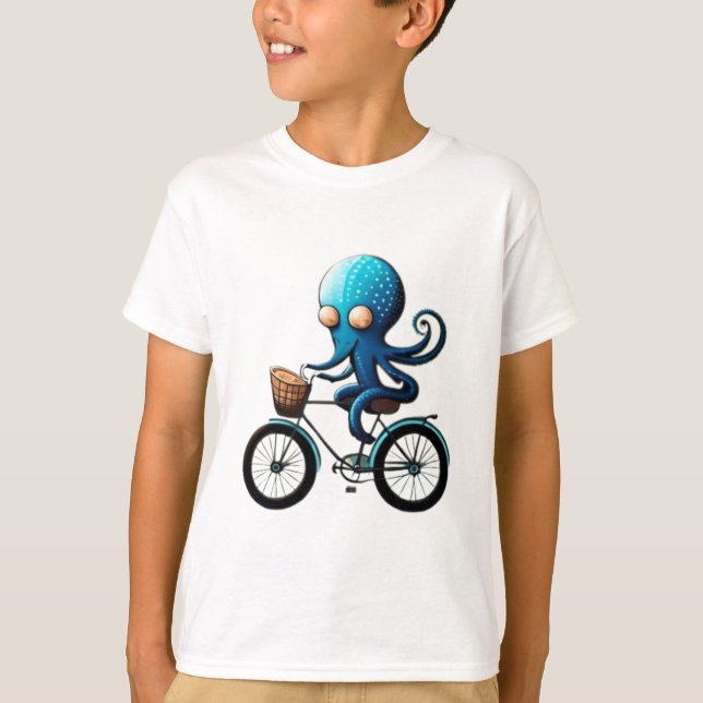 Camiseta Um polvo azul bonito em uma bicicleta (Frente)