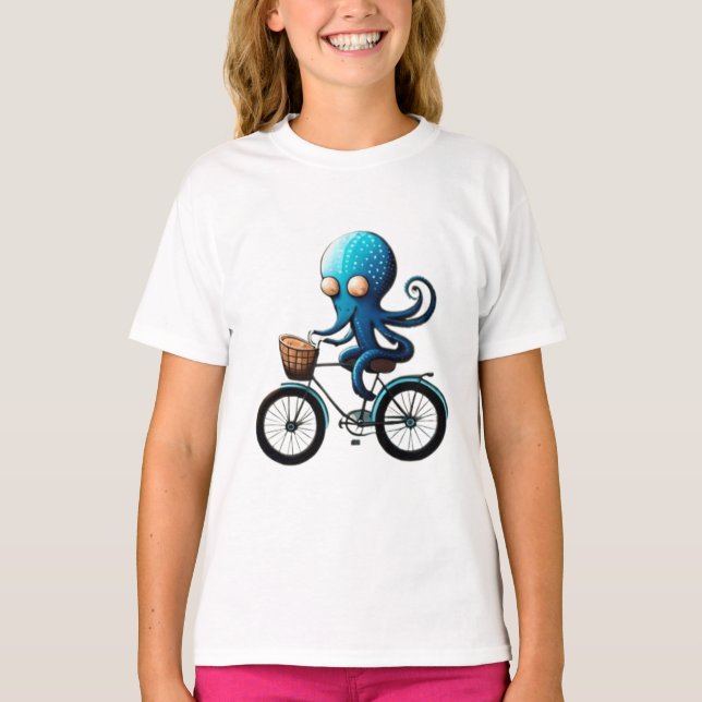 Camiseta Um polvo azul bonito em uma bicicleta (Frente)
