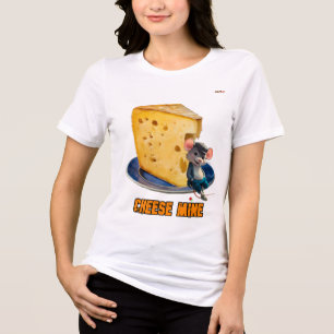 Camiseta Um Rato de Cartoon se inclinando contra um Queijo 