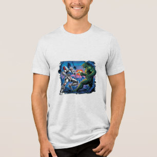 Camiseta Um robô mecha combatendo um monstro gigante