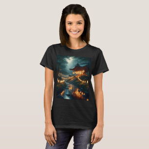 Camiseta um santuário com luzes à sua volta e um sinal que