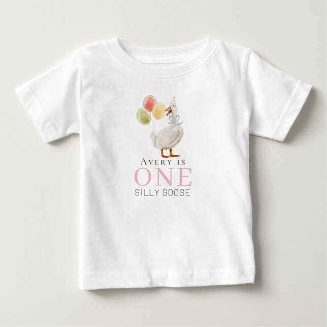 Camiseta Um Silly Goose Rosa Aniversário de 1 Ano (Frente)