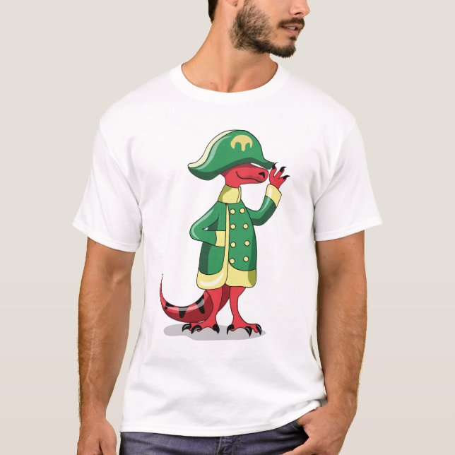 Camiseta Um Tiranossauro De Cartoon Vestido Como Napoleão. (Frente)