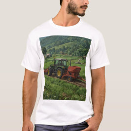 Camiseta um trator com a palavra arado está do lado