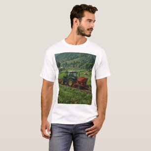 Camiseta um trator com a palavra arado está do lado