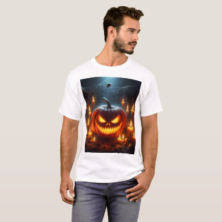 Camiseta uma abóbora de halloween com um rosto assustador n