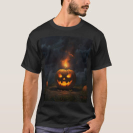 Camiseta uma abóbora de halloween está queimando na grama