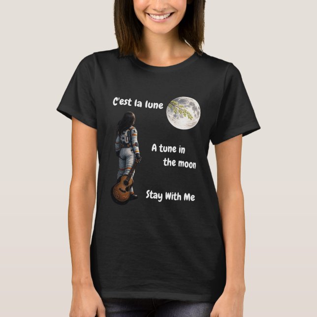Camiseta uma astronauta na lua com uma guitarra (Frente)