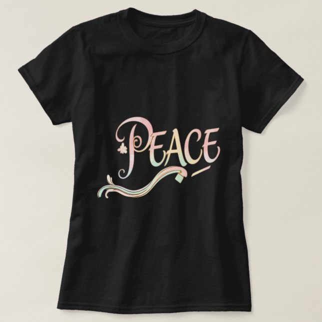 Camiseta Uma bela e fluida escrita da palavra "Paz" fe (Frente do Design)