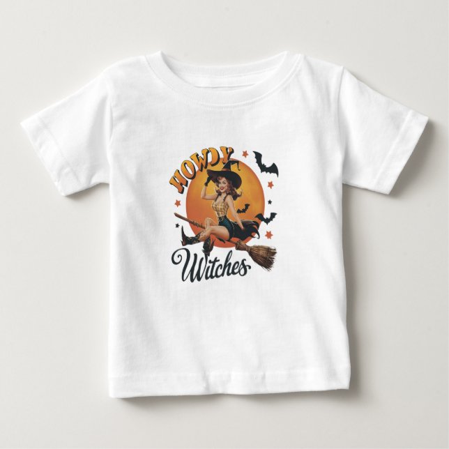 Camiseta Uma bruxa alegre cavalgando uma vassoura (Frente)
