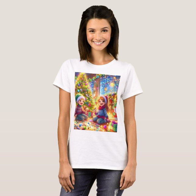 Camiseta uma cena de natal com duas crianças brincando com (Frente Completa)