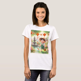 Camiseta uma criança num jardim com uma lata de água