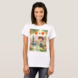 Camiseta uma criança num jardim com uma lata de água