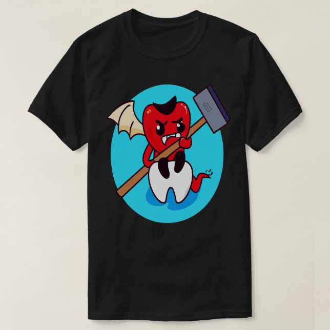 Camiseta Uma Dor de Dente Engraçada Pequena Arte Demônio (Frente do Design)