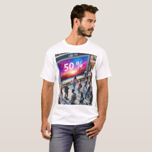 Camiseta uma exibição de pessoas andando em uma tv com uma