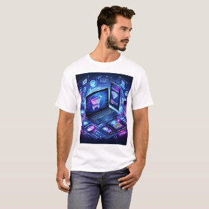 Camiseta uma exposição de um laptop e uma exposição de tele