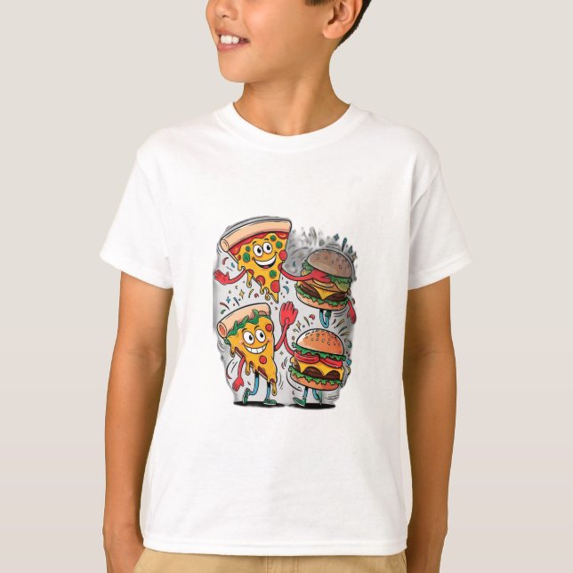 Camiseta Uma fatia de pizza com um hambúrguer. (Frente)