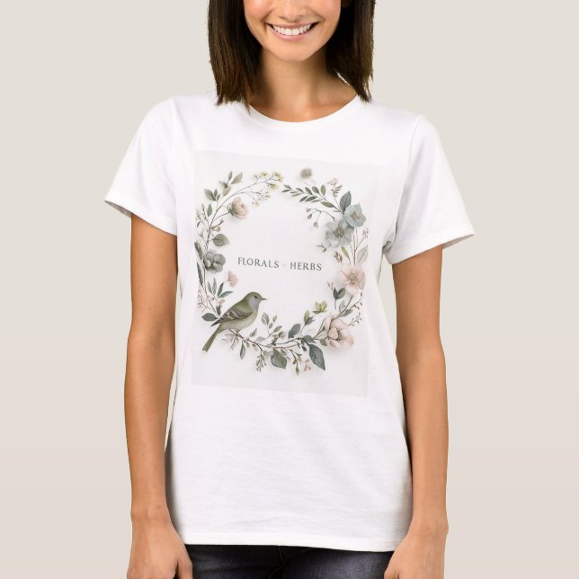 Camiseta uma flor bonito e um pássaro pequeno (Frente)