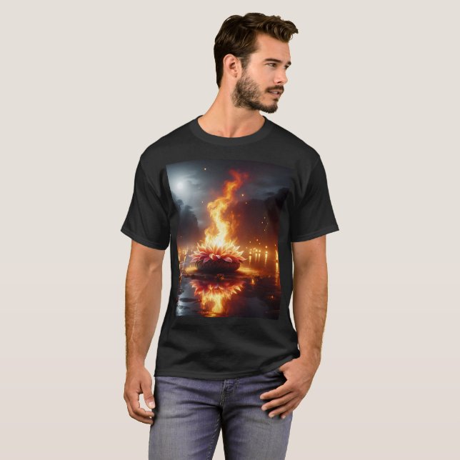 Camiseta uma flor flutuando na água com uma lua de cheio em (Frente Completa)