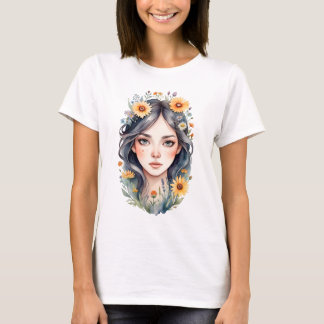 Camiseta Uma garota com flores no cabelo