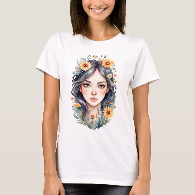 Camiseta Uma garota com flores no cabelo (Frente)