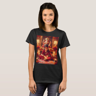 Camiseta uma garota se senta em frente a uma estátua de ele