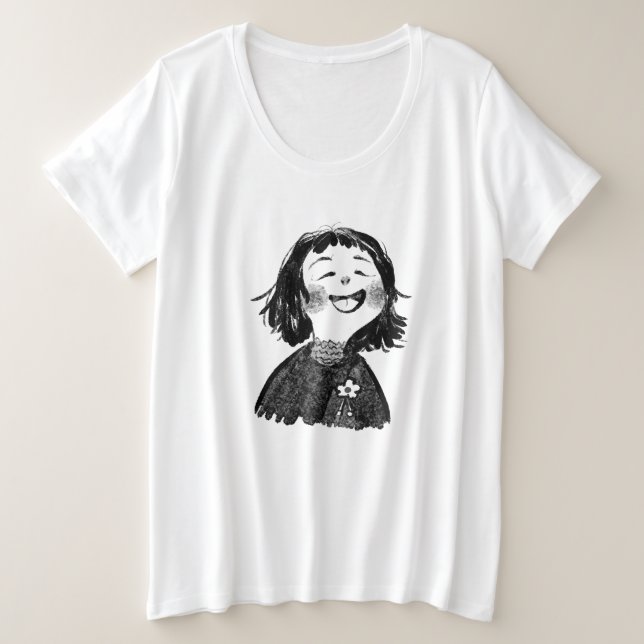 Camiseta Uma ilustração a preto e branco de um personagem T (Frente do Design)