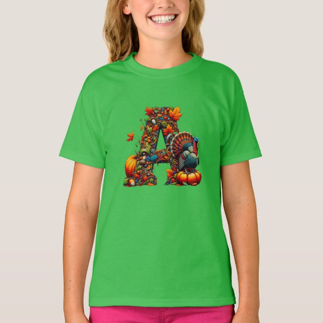 Camiseta Uma letra A em estilo de Ação de Graças (Frente)