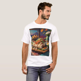 Camiseta uma mesa com comida, incluindo uma placa de comida