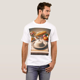 Camiseta uma mesa com placa de comida incluindo milho de ar