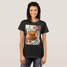 Camiseta uma mesa com um bolo e um vaso com ovos