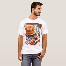 Camiseta uma mesa com um bolo e uma tigela de doces nele