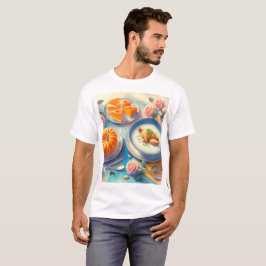 Camiseta uma mesa com uma mesa com comida e um bolo com ela