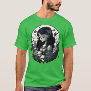 Camiseta Uma miúda misteriosa e crânios quarta-feira arte v